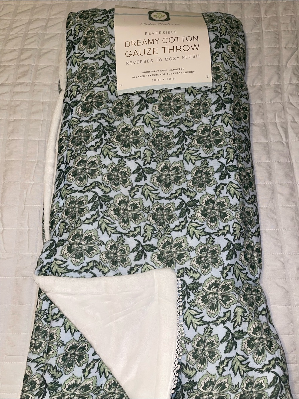 Reversible Dreamy Cotton Gauze Throw - Green Floral by Stone Cottage